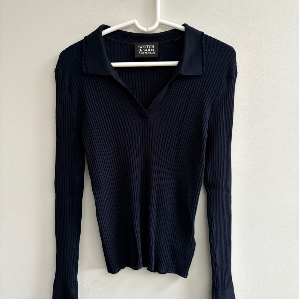 Scotch & Soda Wool Women's Dark Blue Ribbed Long Sleeve Top